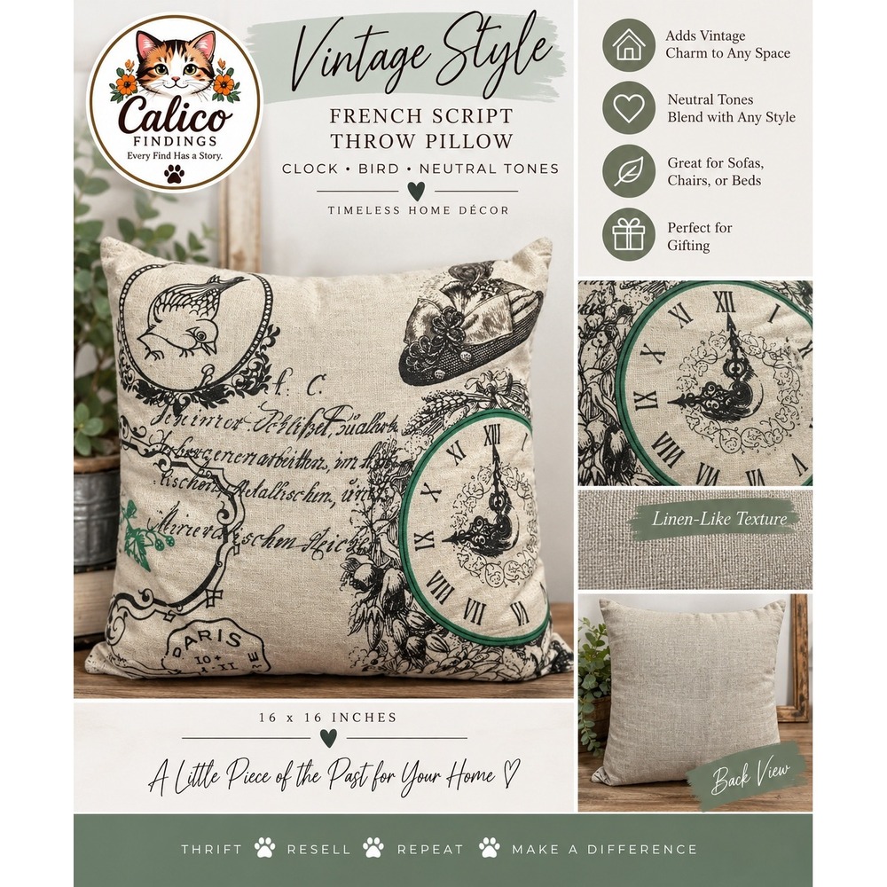 Vintage Style French Script Clock Bird Throw Pillow Cream Black Green 16x16